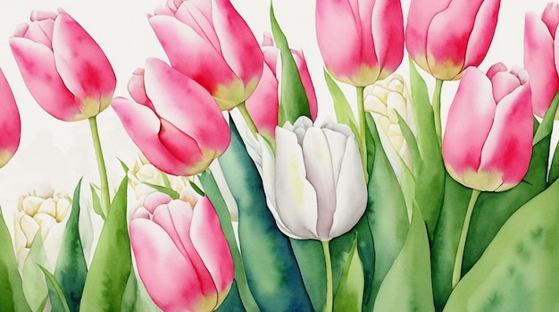 carte d'image à l'aquarelle tulipes roses et blanches