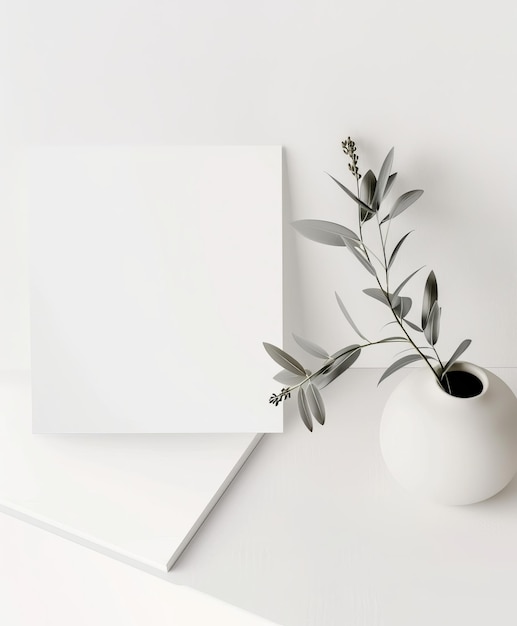 Carte d'invitation blanche minimaliste avec des fleurs sèches sur blanc