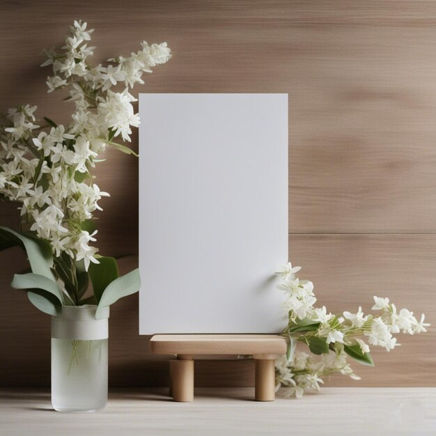 Photo une carte d'invitation blanche vide sur une table en bois