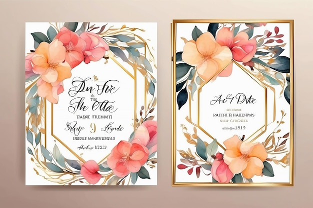 Carte d'invitation de mariage avec cadre doré géométrique