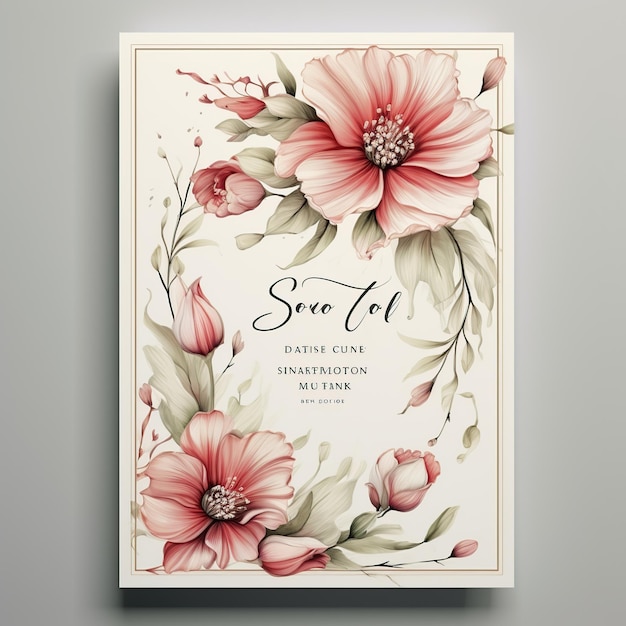 Carte d'invitation de mariage élégante de luxe avec image générée par AI de belle fleur aquarelle nature