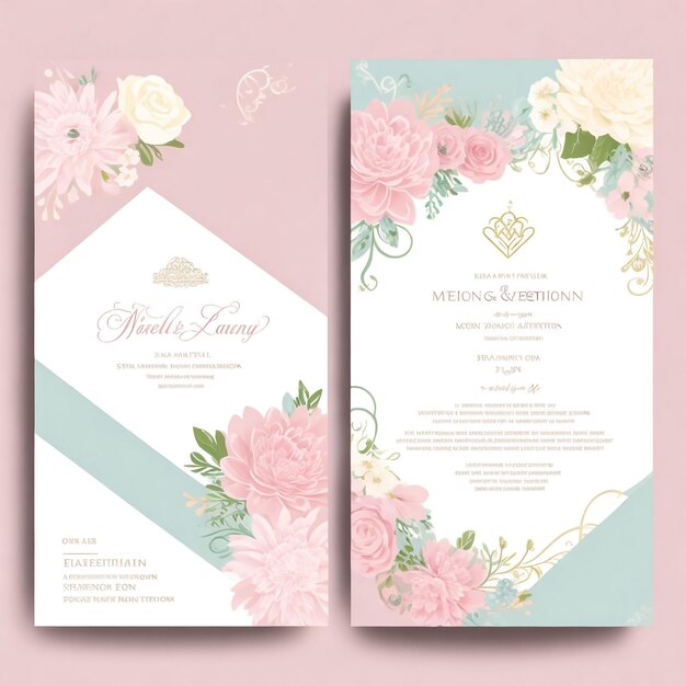 carte d'invitation de mariage élégante avec modèle de fleurs et de feuilles