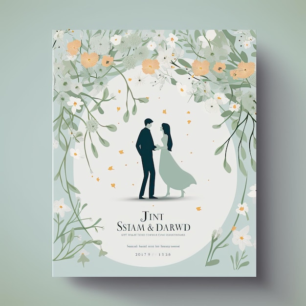 Photo carte d'invitation de mariage avec des illustrations vectorielles de la mariée et du marié