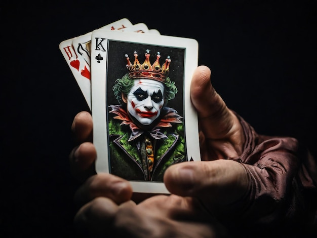 Une carte de Joker sur un fond noir prise de vue rapprochée La main d'un homme tient une carte de jeu Joker d'un corbeau