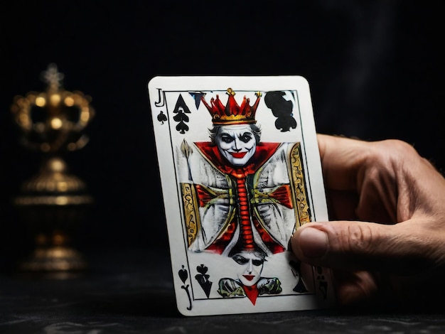 Photo une carte de joker sur un fond noir prise de vue rapprochée la main d'un homme tient une carte de jeu joker d'un corbeau