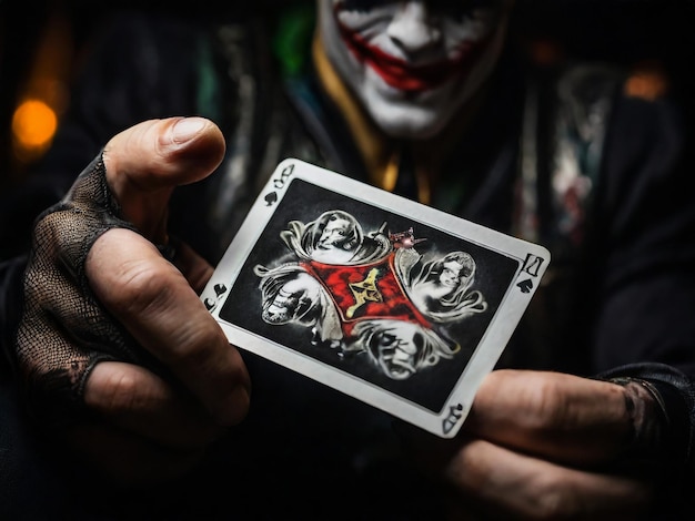 Photo une carte de joker sur un fond noir prise de vue rapprochée la main d'un homme tient une carte de jeu joker d'un corbeau