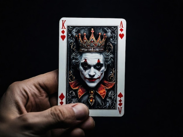 Une carte de Joker sur un fond noir prise de vue rapprochée La main d'un homme tient une carte de jeu Joker d'un corbeau