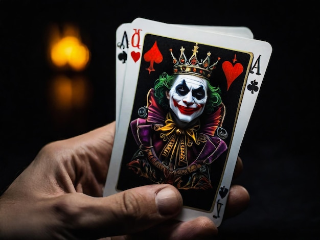 Une carte de Joker sur un fond noir prise de vue rapprochée La main d'un homme tient une carte de jeu Joker d'un corbeau