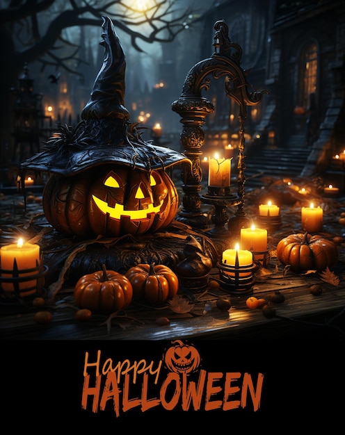 une carte de joyeux Halloween avec des citrouilles et un chapeau de sorcière art gothique une affiche d'Anne Stokes effrayante