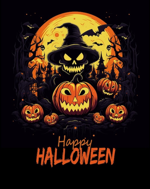 une carte de joyeux Halloween avec des citrouilles et un chapeau de sorcière art gothique une affiche d'Anne Stokes effrayante