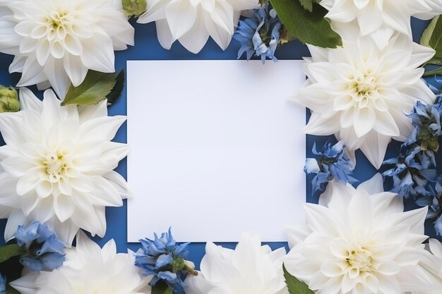 Carte de maquette avec des fleurs blanches sur fond bleu