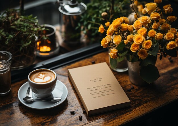 carte de maquette d'une table à café avec un livre dessus