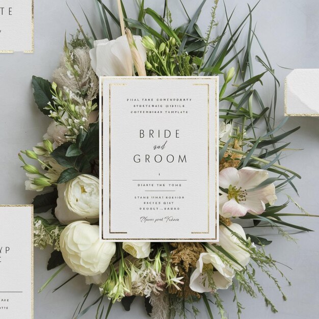 une carte de mariage sur un bouquet de fleurs avec une carte disant mariée mariée