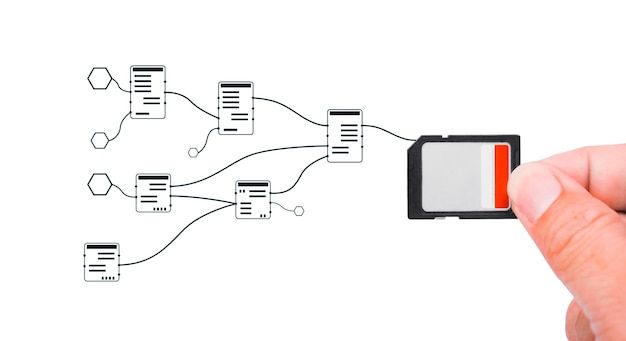 Carte mémoire en main et tableau d'informations sur fond blanc Carte SD isolée