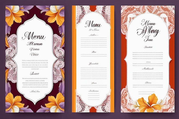 Photo carte de menu de mariage avec des fleurs d'iris et un fond vectoriel à rayures de dentelle