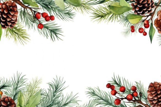 Carte de Noël aquarelle avec branches de sapin, pommes de pin et baies de houx