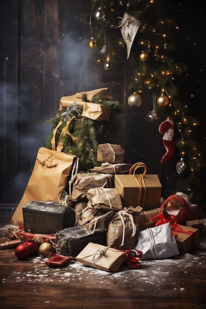 une carte de Noël avec un arbre de Noël et des cadeaux sur un fond en bois