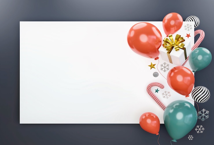 Photo carte de noël avec boîte-cadeau, ballons et canne à sucre