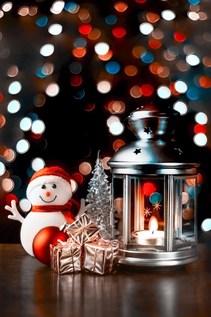 Carte de Noël un bonhomme de neige une lanterne avec des bougies brillantes boîtes brillantes avec des cadeaux et des lumières floues