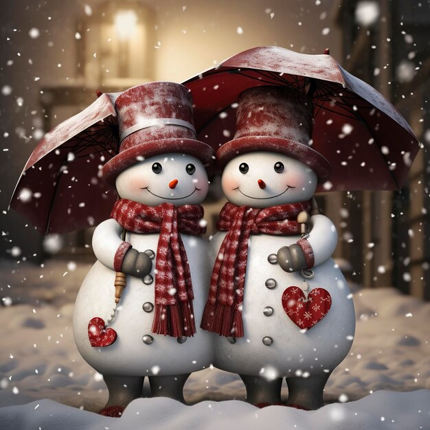 Carte de Noël avec un bonhomme de neige tenant un parapluie dans la neige dans le style rouge foncé et gris clair
