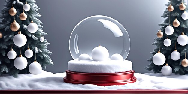 Photo carte de noël avec une bougie dans une boule de cristal sur un fond de neige et d'arbres festifs