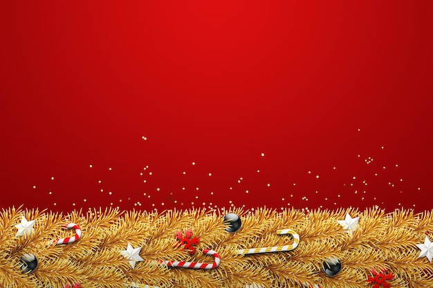 Carte de Noël, branches vertes d'un arbre de Noël, décorées avec des boules, des étoiles, des bonbons et des flocons de neige