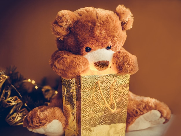 Photo carte de noël avec cadeau d'ouverture d'ours en peluche.