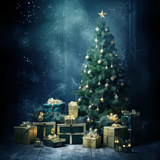 Carte de Noël avec des cadeaux de sapins et de la neige dans un style sombre rétro vintage