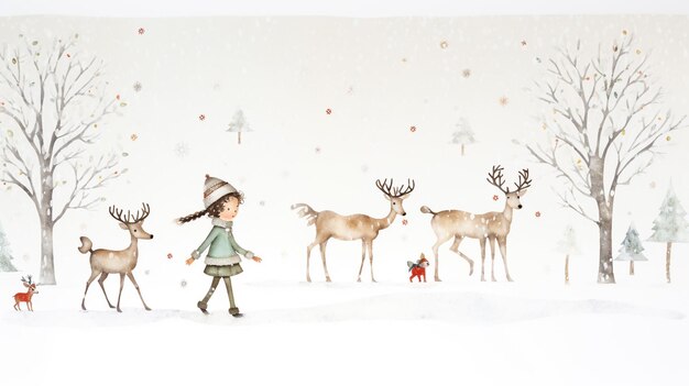 Photo carte de noël cerf de noël la forêt magique d'une illustration fabuleuse enfance sur un traîneau