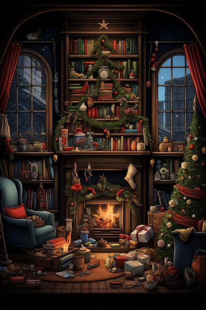 carte de Noël avec une cheminée