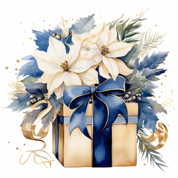 Une carte de Noël Illustration de mode aquarelle d'une belle boîte cadeau poinsettias coco chanel