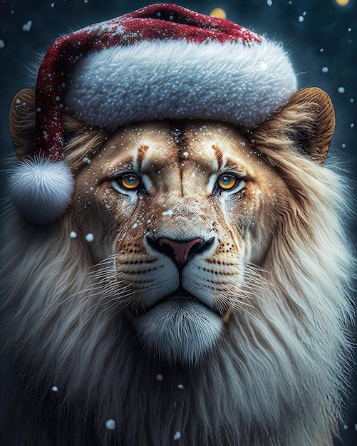 Une carte de Noël avec un lion coiffé d'un bonnet de noel