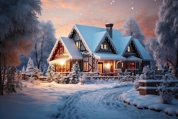 Carte de Noël avec une maison enneigée brillante dans la forêt au coucher du soleil fabuleuse atmosphère magique de Noël Image Generation AI