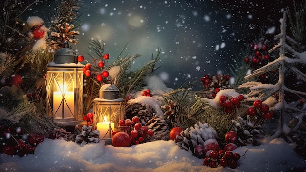 Carte de Noël avec neige et bougies Ornement de vacances d'hiver et bougies sur la scène de Noël IA générée