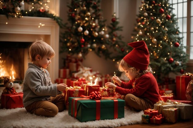 Photo carte de noël et de nouvel an le père noël a apporté des cadeaux aux enfants