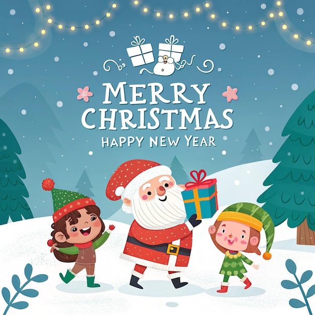 une carte de Noël avec un Père Noël et un chapeau de Père Noël