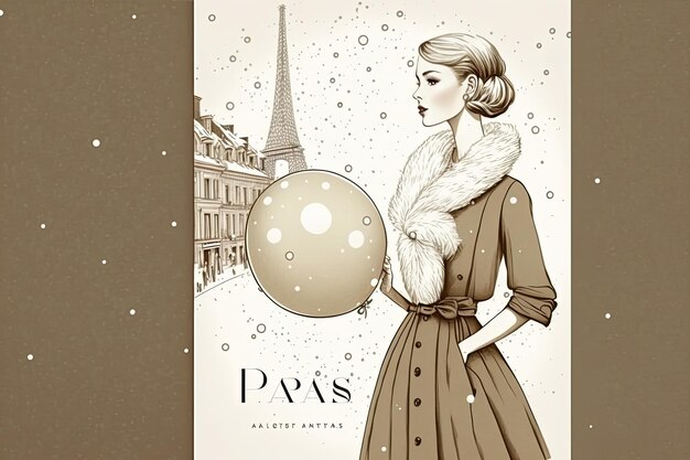 Carte de Noël vintage avec des femmes à la mode habillées sous la neige