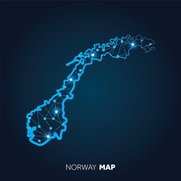 Carte de la Norvège réalisée avec des lignes connectées et des points lumineux