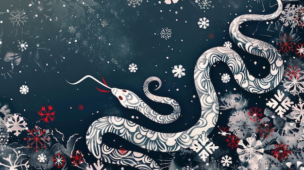 Photo carte de nouvel an chinoise stylisée d'un serpent faite de flocons de neige