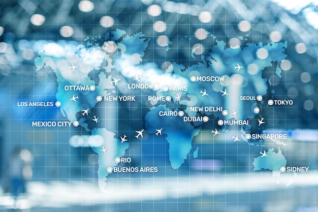 Carte numérique avec des avions autour du monde concept Blue Maps Aviation wallpaper avec des avions sur la carte avec des noms de grandes villes