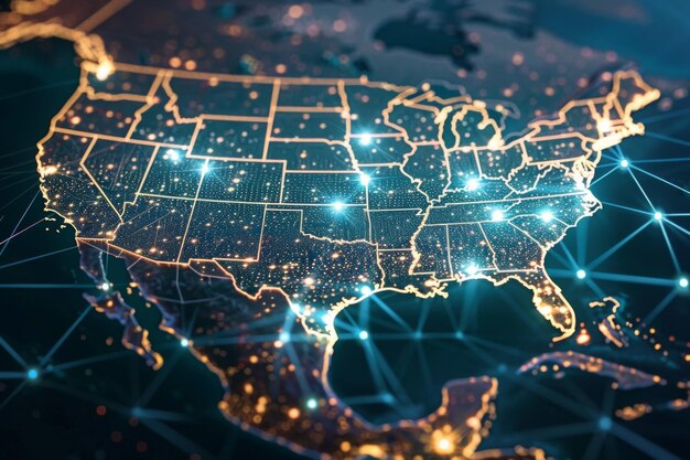 Carte numérique des États-Unis avec connexion au réseau créée avec l'intelligence artificielle générative