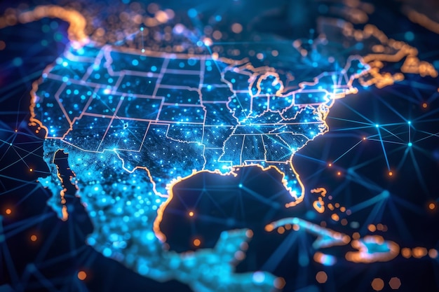 Carte numérique des États-Unis avec connexion au réseau créée avec l'intelligence artificielle générative