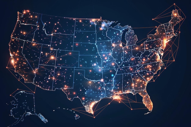 Carte numérique des États-Unis avec connexion au réseau créée avec l'intelligence artificielle générative