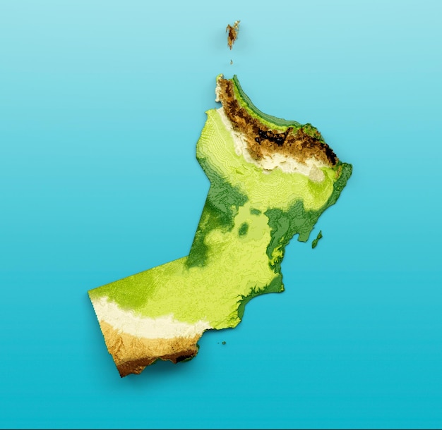 Carte d'Oman relief ombré carte de hauteur de couleur sur la mer fond bleu illustration 3d