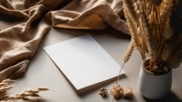 Carte de papier blanc vide vierge pour maquette avec tissu de plantes de style vintage et décoration de style minimaliste et rustique ai générative
