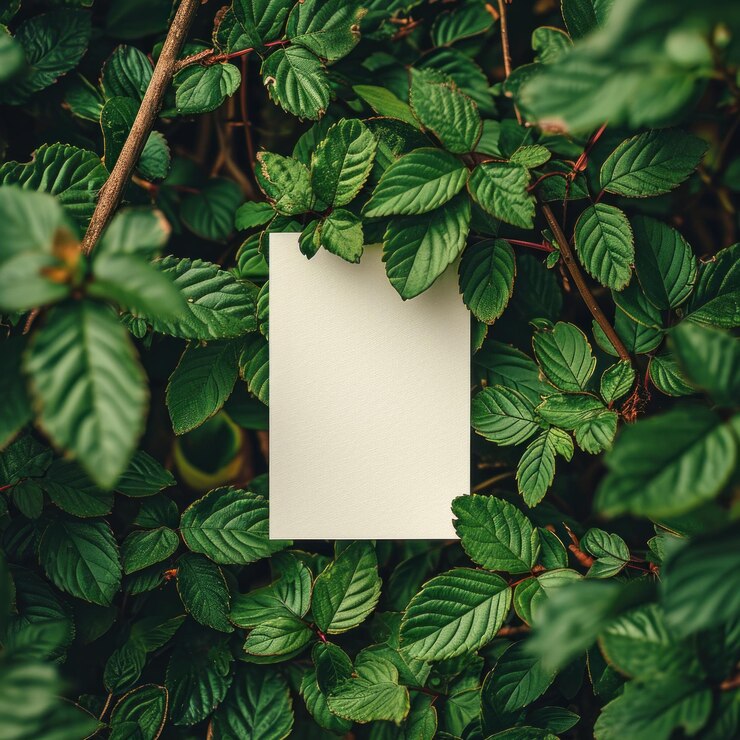 Photo une carte en papier vide entourée d'une feuille verte