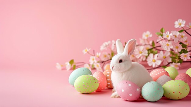 Carte de Pâques rose avec des œufs de lapin et des fleurs copier l'espace