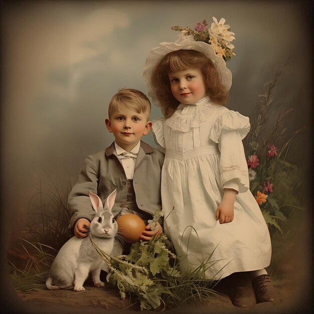 Photo carte de pâques vintage 19001920 enfants mignons avec des accessoires de pâque joyeux pâques haute résolution