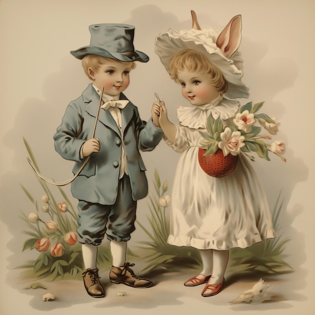 Carte de Pâques vintage 19001920 Enfants mignons avec des accessoires de Pâque Joyeux Pâques haute résolution