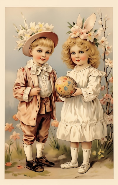 Carte de Pâques vintage 19101930 Enfants mignons avec des accessoires de Pâque joyeux Pâques haute résolution